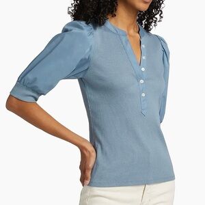 Veronica Beard Coralee Sky Blue Puff-Sleeve Henley Top Ribbed Shirt Blouse XS